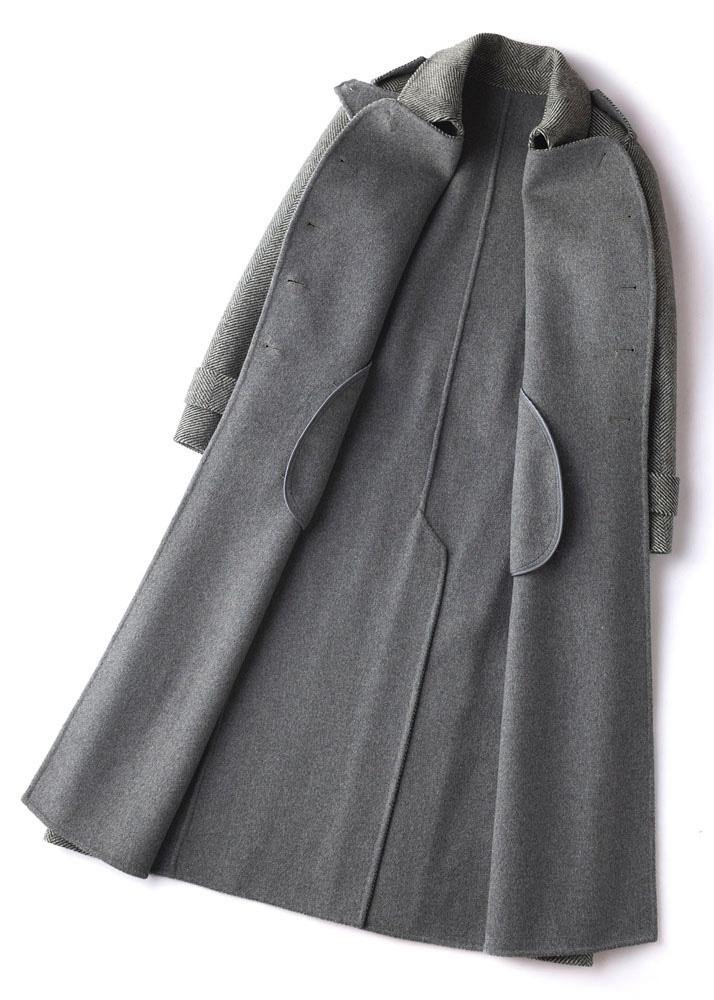 Simple gray striped Plus Size Long Woolen CoatsTutorials lapel tie waist outwears