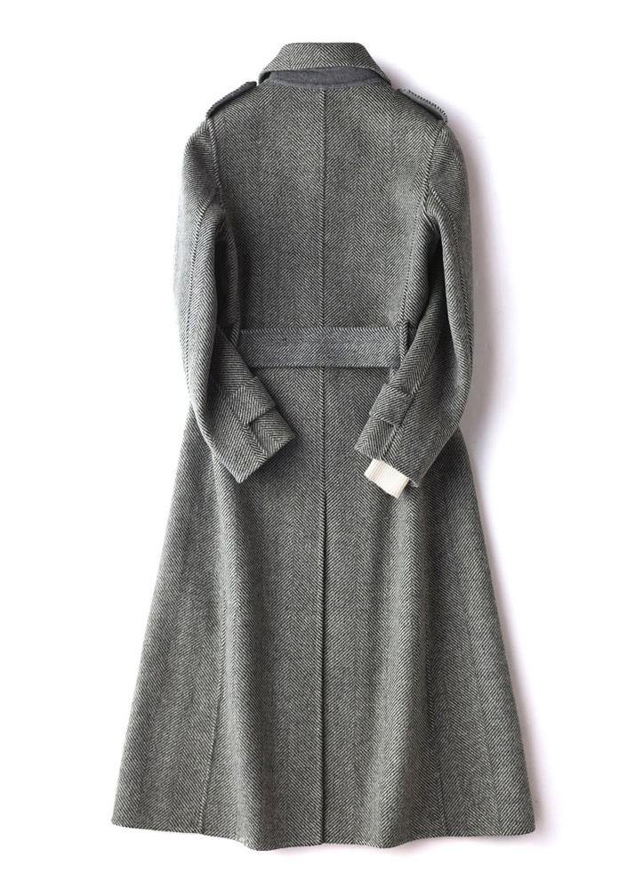 Simple gray striped Plus Size Long Woolen CoatsTutorials lapel tie waist outwears