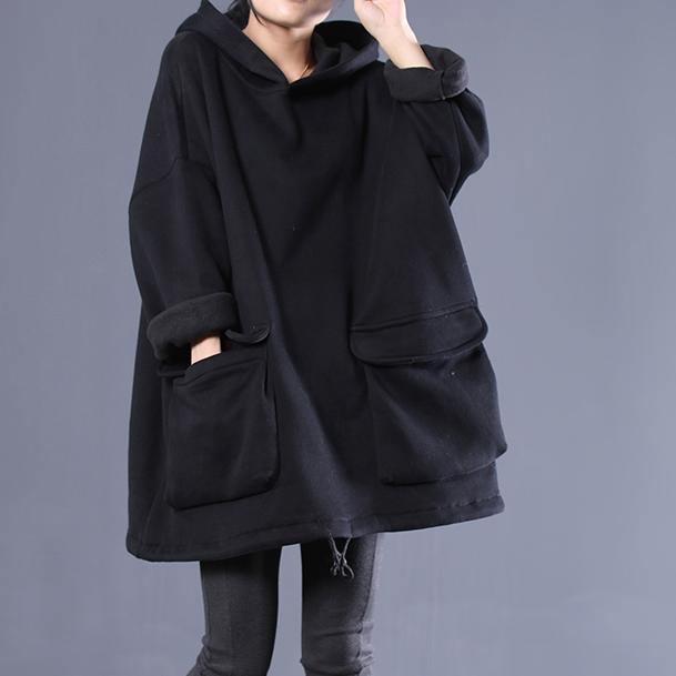 Simple hooded drawstring spring shirts women black tops