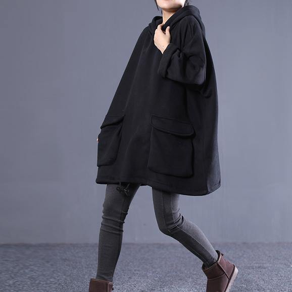 Simple hooded drawstring spring shirts women black tops