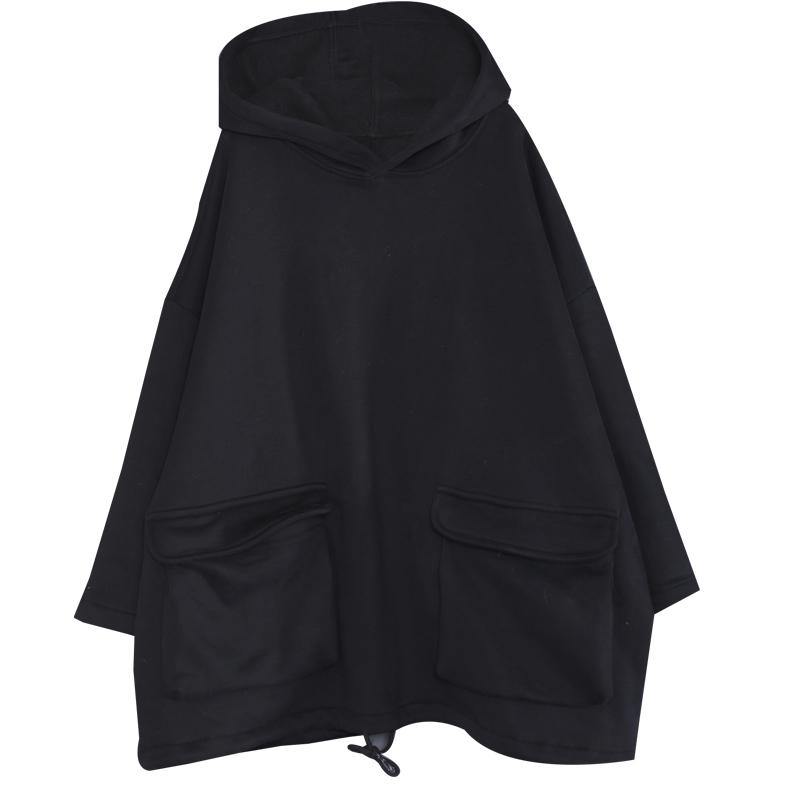 Simple hooded drawstring spring shirts women black tops