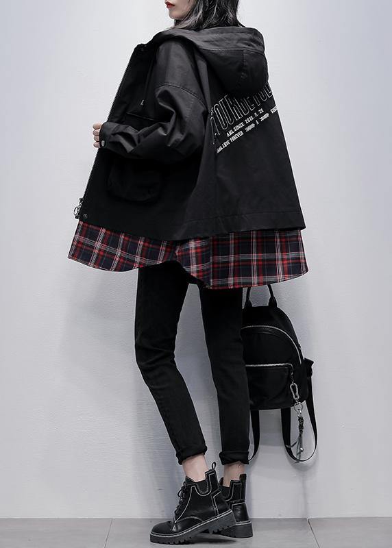 Simple hooded pockets Plus Size tunics for women black patchwork plaid oversized coat