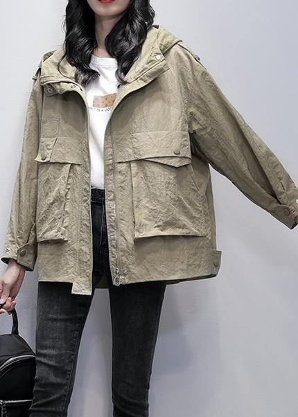 Simple hooded zippered Fashion casual coats women gray green loose coats