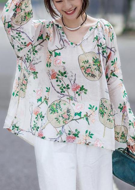 Simple linen box top Fashion Print Cotton Linen V-Neck Lantern Sleeve Blouse