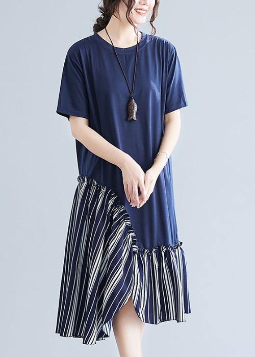 Simple navy patchwork striped cotton Tunics o neck long summer Dress