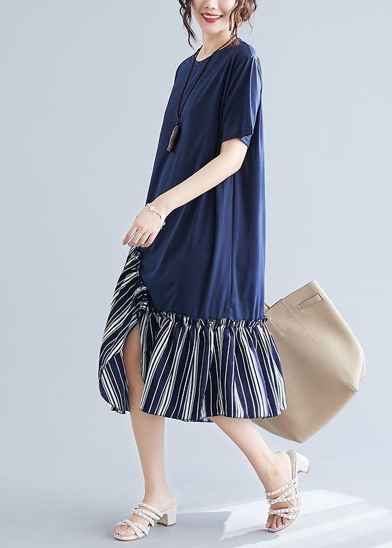 Simple navy patchwork striped cotton Tunics o neck long summer Dress