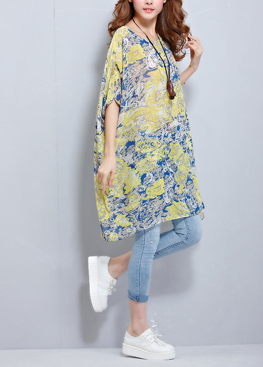 Simple o neck Batwing Sleeve chiffon tunic pattern plus size Photography floral blouses Summer