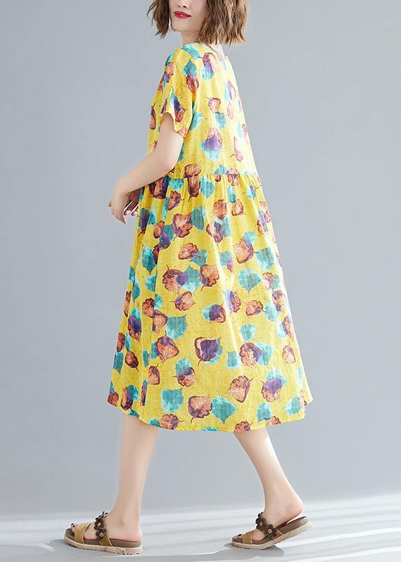 Simple o neck patchwork cotton Wardrobes Fitted Photography yellow print cotton Dresses Summer