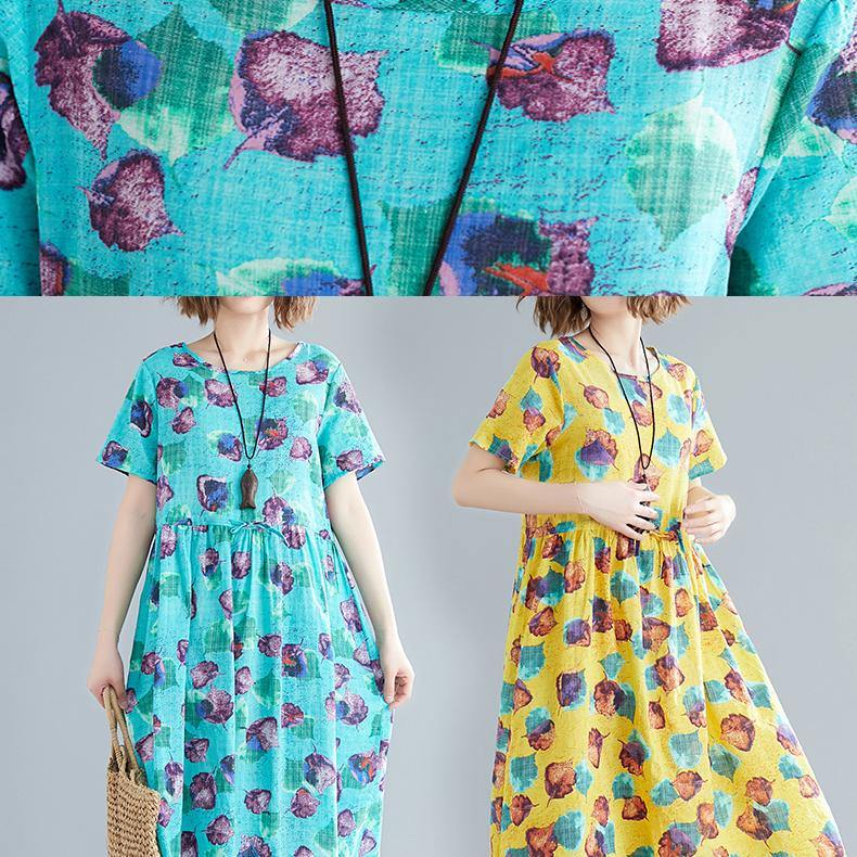 Simple o neck patchwork cotton Wardrobes Fitted Photography yellow print cotton Dresses Summer