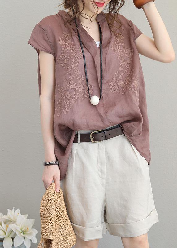 Simple purple khaki linen clothes stand collar short summer tops