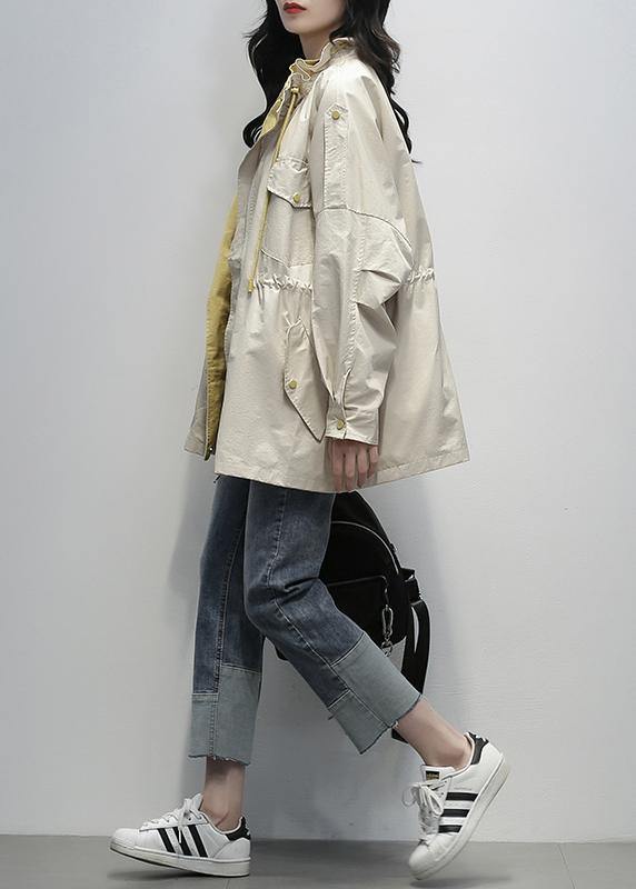 Simple stand collar drawstring Fashion clothes khaki Midi coat