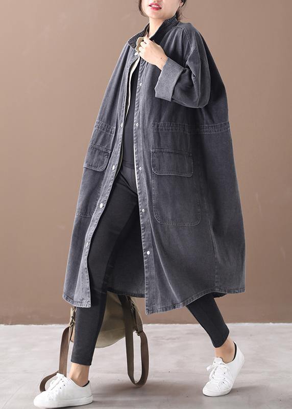 Simple stand collar drawstring Fashion tunic coat denim black Midi women coats