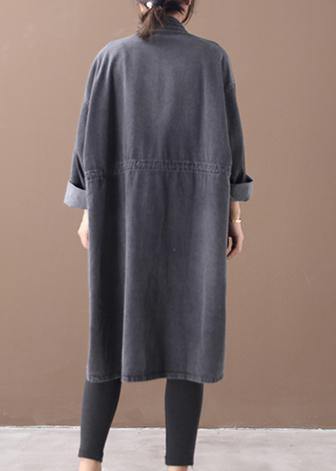 Simple stand collar drawstring Fashion tunic coat denim black Midi women coats