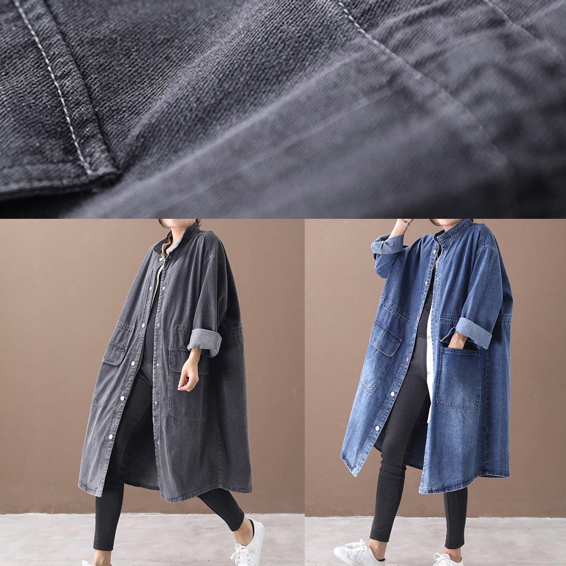 Simple stand collar drawstring Fashion tunic coat denim black Midi women coats