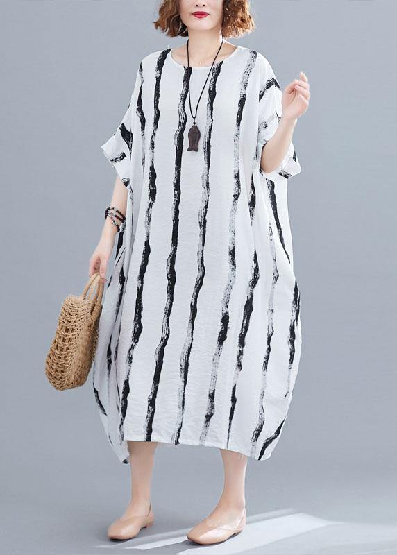 Simple white striped cotton quilting dresses o neck pockets long summer Dresses