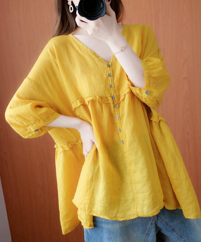 Simple yellow Tunic v neck lantern sleeve Plus Size Clothing blouse