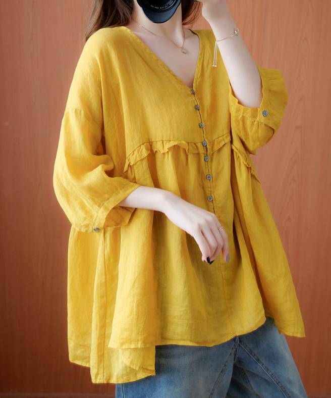 Simple yellow Tunic v neck lantern sleeve Plus Size Clothing blouse