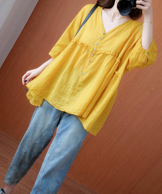 Simple yellow Tunic v neck lantern sleeve Plus Size Clothing blouse