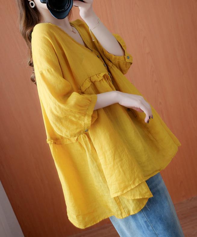 Simple yellow Tunic v neck lantern sleeve Plus Size Clothing blouse