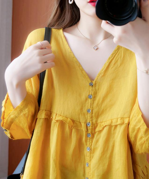 Simple yellow Tunic v neck lantern sleeve Plus Size Clothing blouse