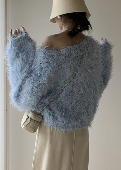 Sky Blue Hollow Ou Knit Sweater V Neck Batwing Sleeve