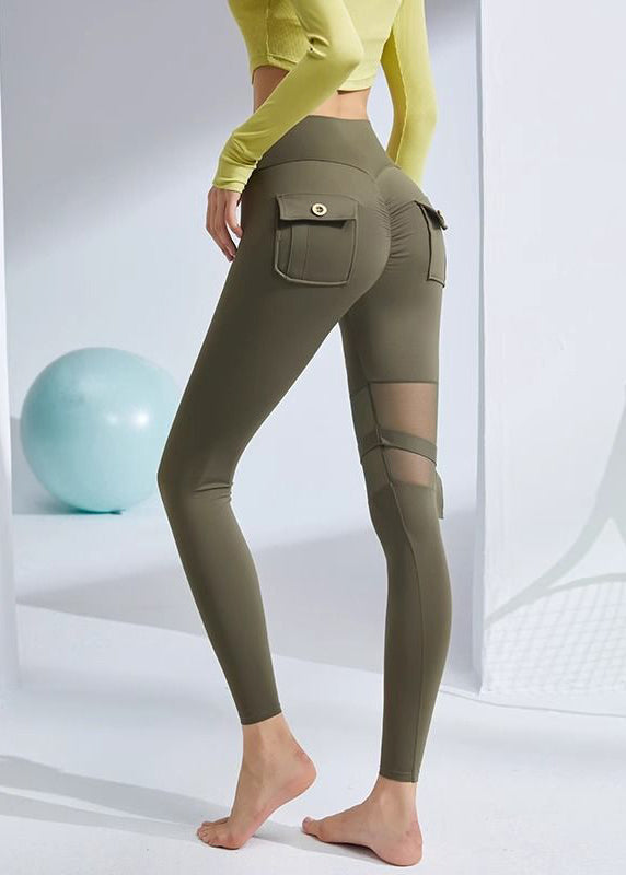 Slim Fit Army Green High Waist Patchwork Cotton Leggings Yoga Pants