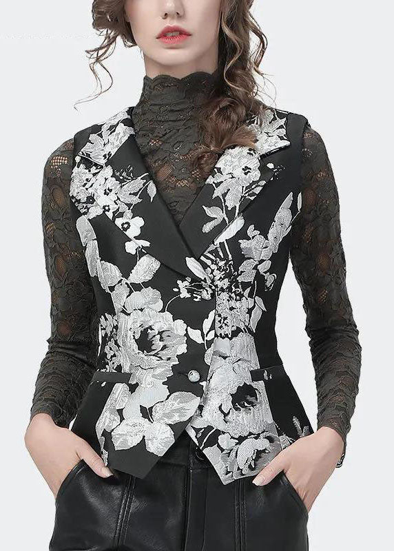 Slim Fit Black Peter Pan Collar button Print Vest Tops Spring