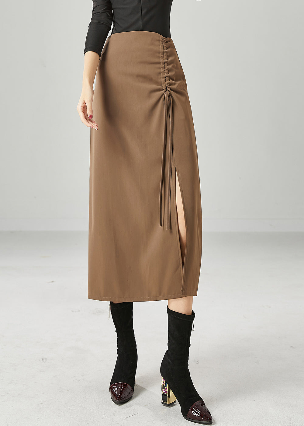 Slim Fit Coffee Cinched Side Open Chiffon Skirt Summer