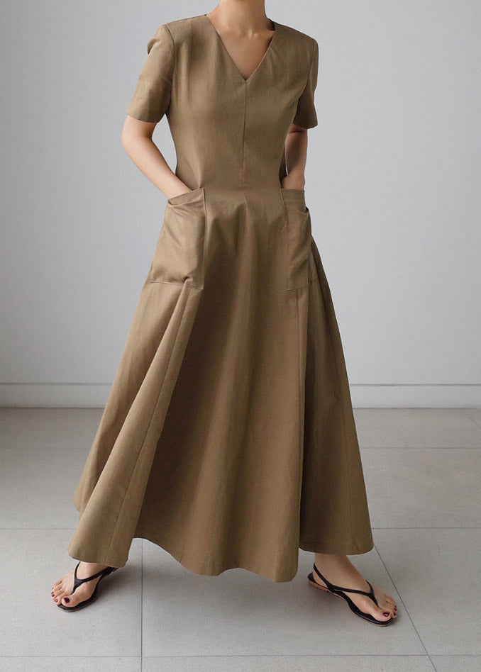 Slim Fit Khaki V Neck Pockets Cotton Long Dress Short Sleeve