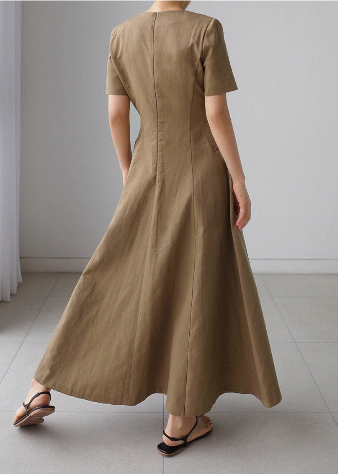 Slim Fit Khaki V Neck Pockets Cotton Long Dress Short Sleeve