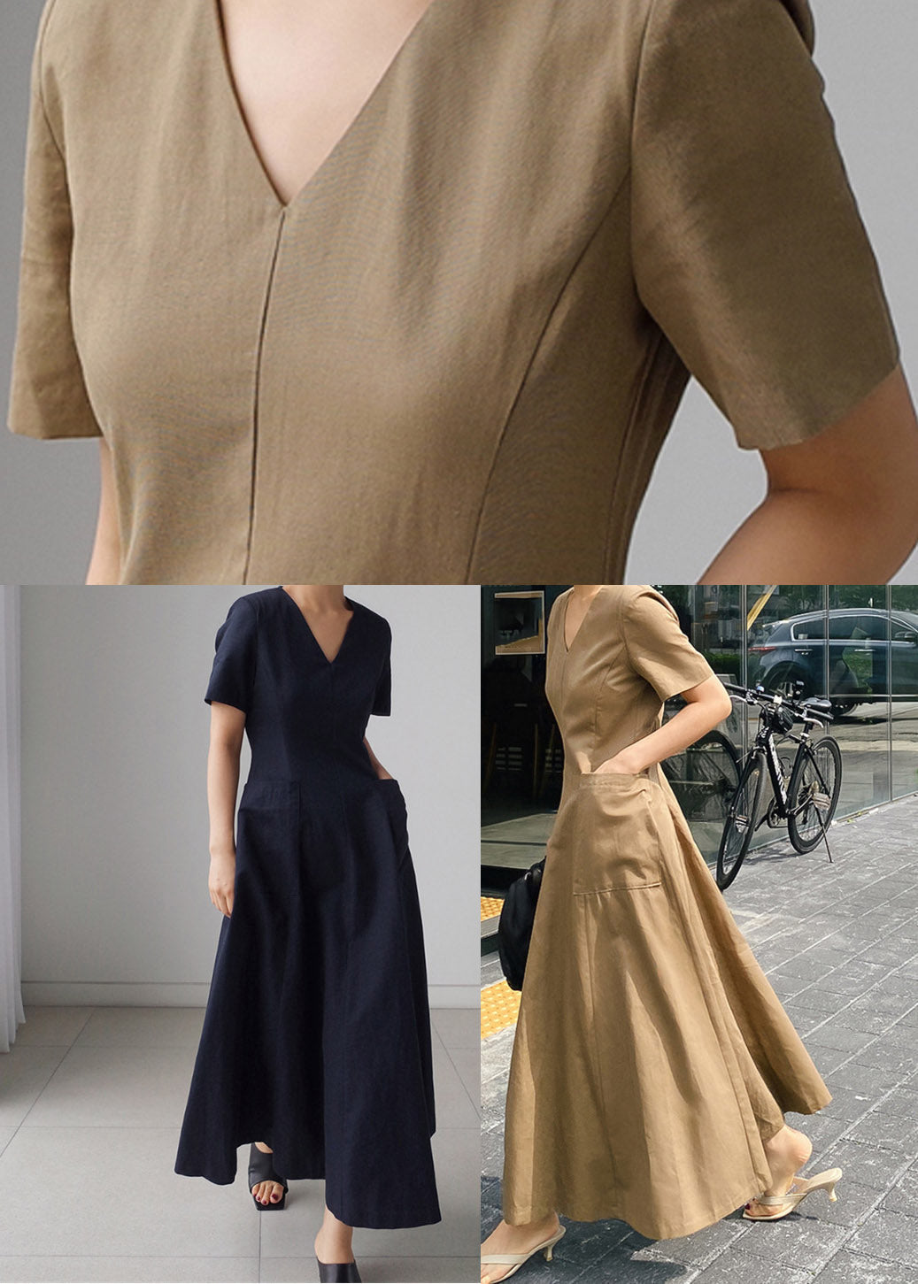 Slim Fit Khaki V Neck Pockets Cotton Long Dress Short Sleeve