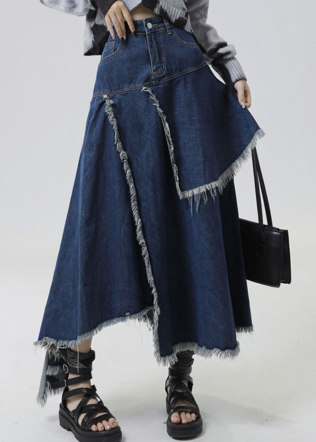 Slim Fit Navy Asymmetrical Patchwork Denim Skirt Summer