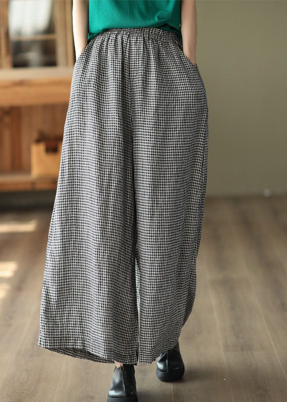 Small Plaid Pockets Patchwork Casual Linen Wide Leg Pants Summer