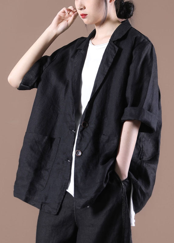 Solid Black Pockets Linen Coat Peter Pan Collar Button Long Sleeve