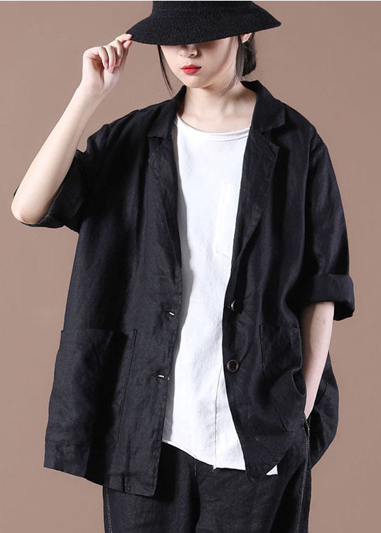 Solid Black Pockets Linen Coat Peter Pan Collar Button Long Sleeve