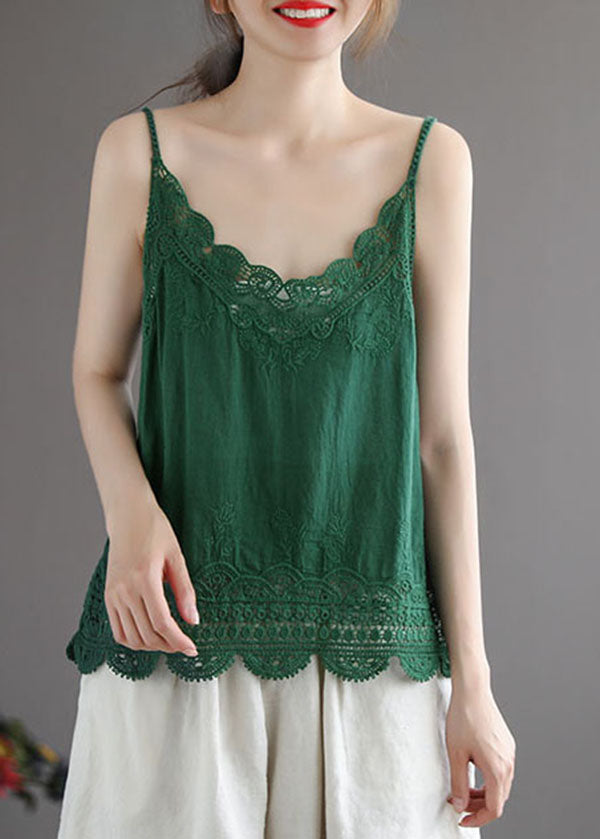 Solid Green Sexy Cotton Spaghetti Strap Tops Hollow Out Summer