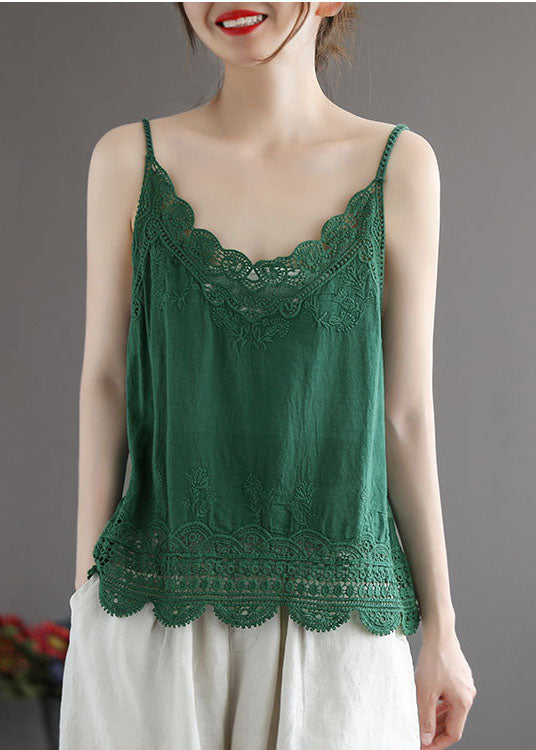 Solid Green Sexy Cotton Spaghetti Strap Tops Hollow Out Summer