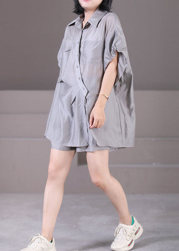 Solid Grey Silk Shirts And Shorts Two Pieces Set Peter Pan Collar Button Wrinkled Summer