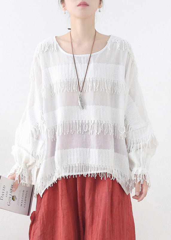 Solid White Cotton Pullover Tops Tassel Side Open Lantern Sleeve