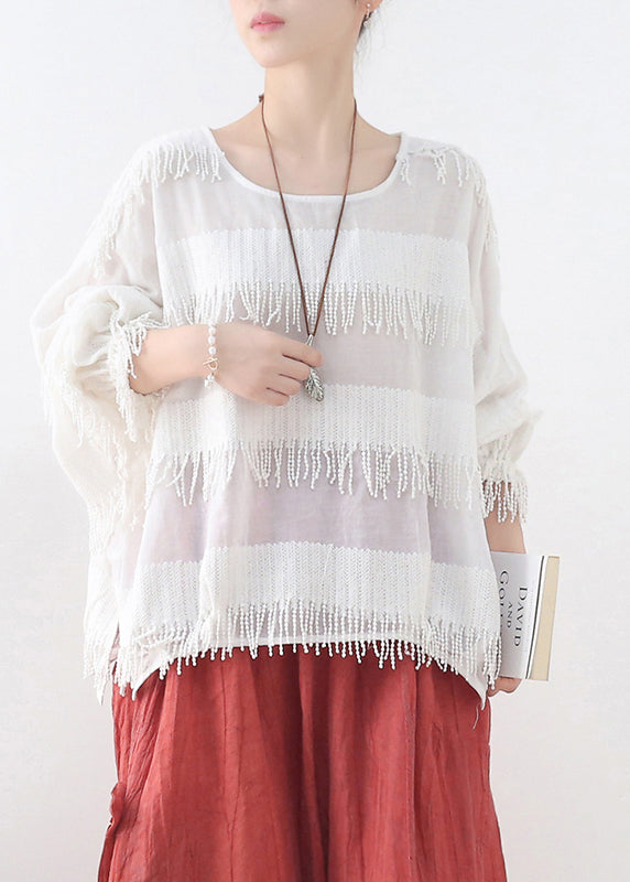 Solid White Cotton Pullover Tops Tassel Side Open Lantern Sleeve