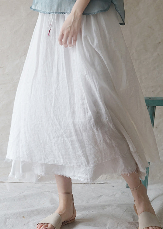 Solid White elastic waist drawstring double-deck Linen Skirts Spring