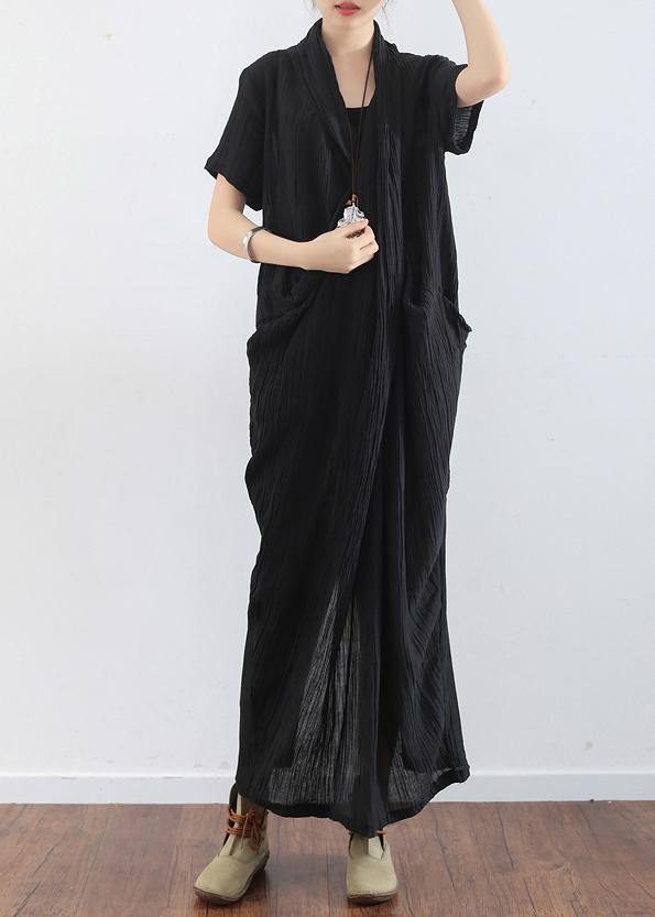 Spring And Summer New Black Linen Vintage V-neck Robe