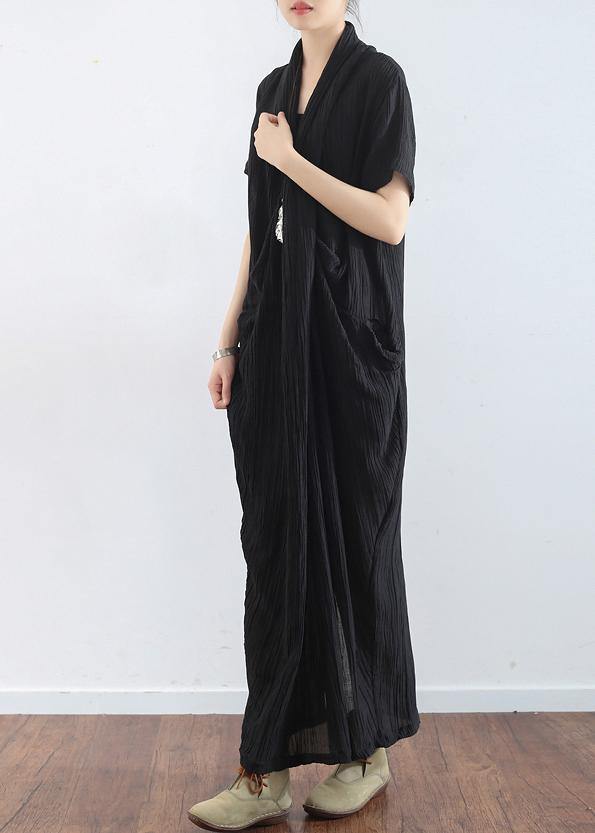 Spring And Summer New Black Linen Vintage V-neck Robe