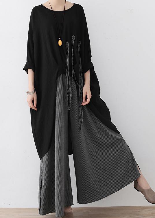 Spring Linen Black Loose Large Asymmetrical Embroidered Top & Pants Set