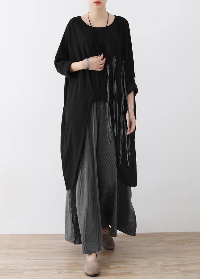 Spring Linen Black Loose Large Asymmetrical Embroidered Top & Pants Set