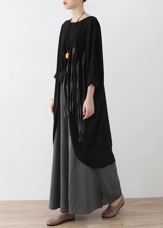 Spring Linen Black Loose Large Asymmetrical Embroidered Top & Pants Set