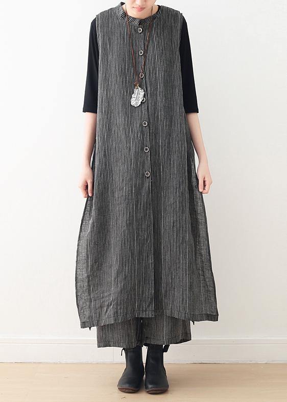 Spring cotton and linen art fresh gray striped two-piece suit cardigan wide leg pants