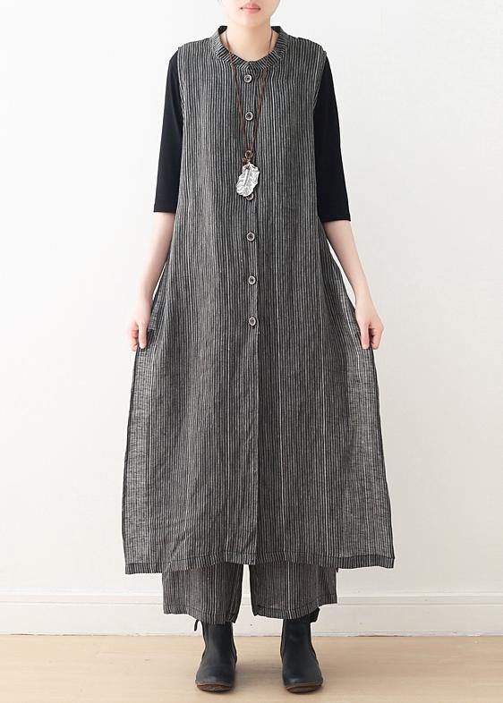 Spring cotton and linen art fresh gray striped two-piece suit cardigan wide leg pants