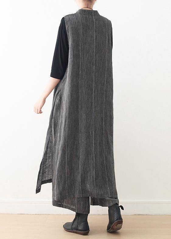 Spring cotton and linen art fresh gray striped two-piece suit cardigan wide leg pants