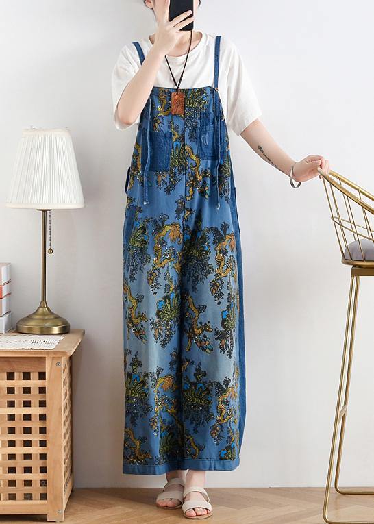 Spring original literary fashion retro ethnic style blue printed loose denim overalls